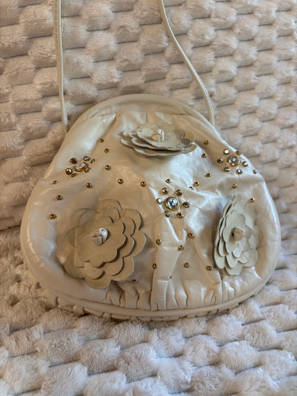 Atalla New York Cream Leather Floral Studded Clutch-Shoulder Bag
